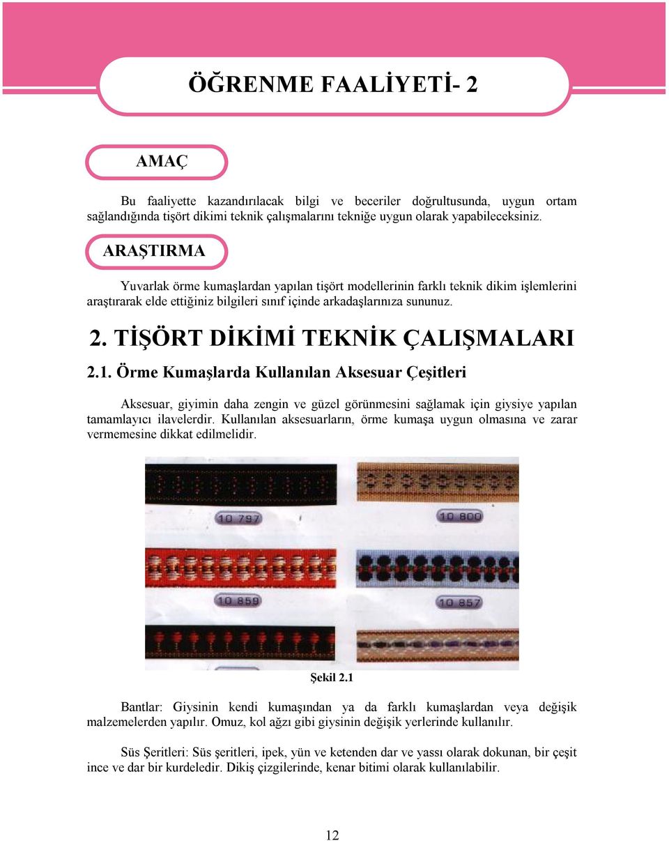 TİŞÖRT DİKİMİ TEKNİK ÇALIŞMALARI 2.1. Örme Kumaşlarda Kullanılan Aksesuar Çeşitleri Aksesuar, giyimin daha zengin ve güzel görünmesini sağlamak için giysiye yapılan tamamlayıcı ilavelerdir.