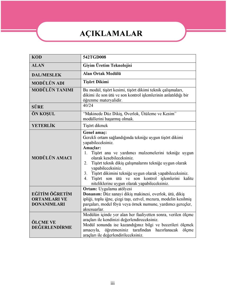 SÜRE 40/24 ÖN KOŞUL YETERLİK MODÜLÜN AMACI EĞİTİM ÖĞRETİM ORTAMLARI VE DONANIMLARI ÖLÇME VE DEĞERLENDİRME AÇIKLAMALAR Makinede Düz Dikiş, Overlok, Ütüleme ve Kesim modüllerini başarmış olmak.