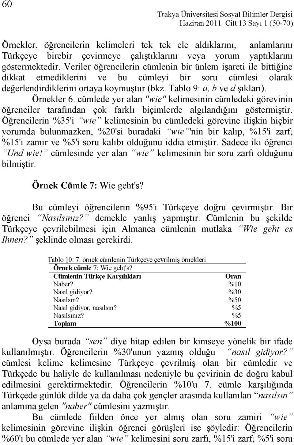 Örnekler 6. cümlede yer alan "wie" kelimesinin cümledeki görevinin öğrenciler tarafından çok farklı biçimlerde algılandığını göstermiştir.