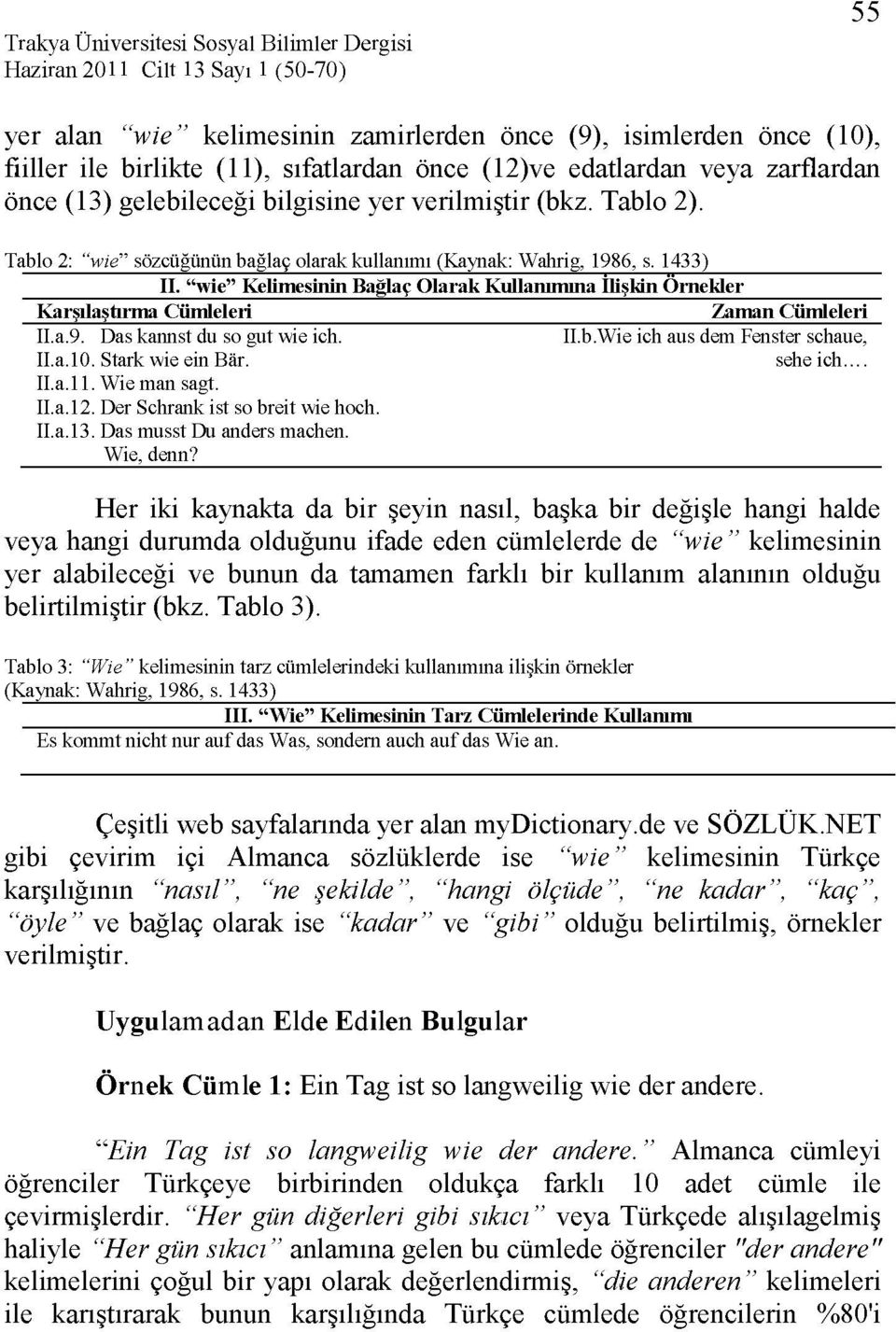 "wie" Kelimesinin Bağlaç Olarak Kullanımına İlişkin Örnekler Karşılaştırma Cümleleri Zaman Cümleleri II.a.9. Das kannst du so gut wie ich. II.b.Wie ich aus dem Fenster schaue, II.a.10.