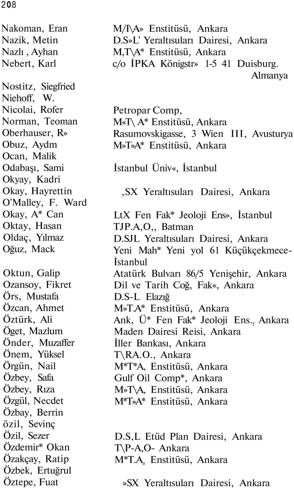 Ward Okay, A* Can Oktay, Hasan Oldaç, Yılmaz Oğuz, Mack Oktun, Galip Ozansoy, Fikret Örs, Mustafa Özcan, Ahmet Öztürk, Ali Öget, Mazlum Önder, Muzaffer Önem, Yüksel Örgün, Nail Özbey, Safa Özbey,