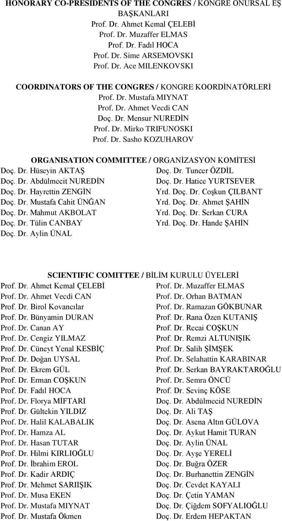 Dr. Abdülmecit NUREDİN Doç. Dr. Hatice YURTSEVER Doç. Dr. Hayrettin ZENGİN Yrd. Doç. Dr. Coşkun ÇILBANT Doç. Dr. Mustafa Cahit ÜNĞAN Yrd. Doç. Dr. Ahmet ŞAHİN Doç. Dr. Mahmut AKBOLAT Yrd. Doç. Dr. Serkan CURA Doç.