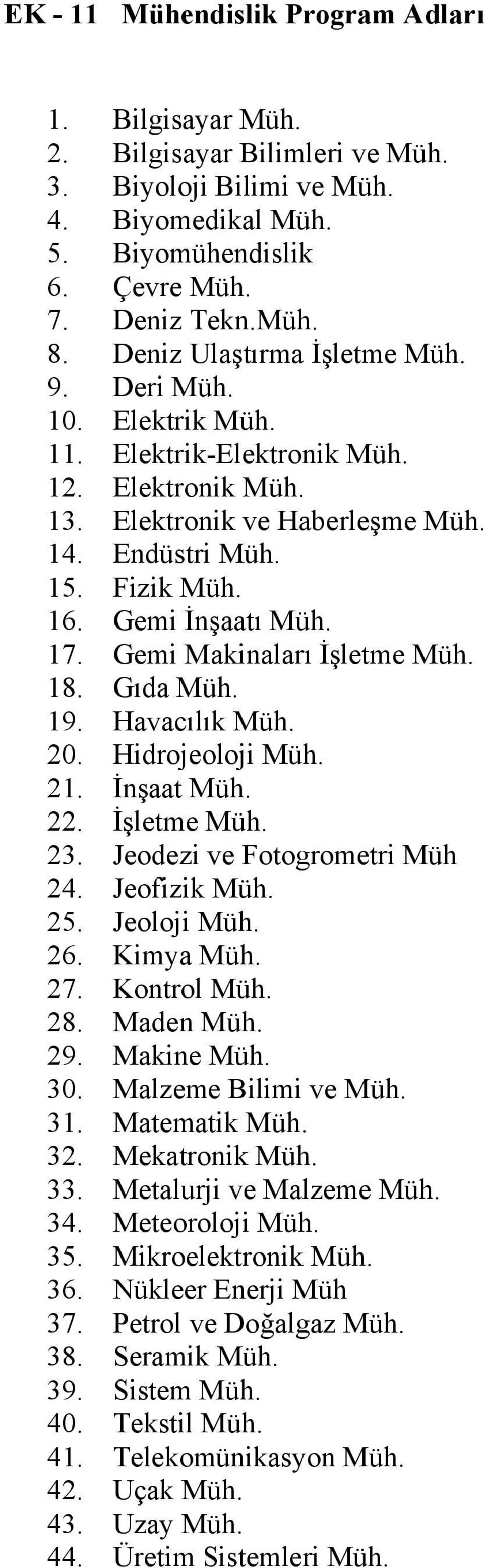 17. Gemi Makinaları İşletme Müh. 18. Gıda Müh. 19. Havacılık Müh. 20. Hidrojeoloji Müh. 21. İnşaat Müh. 22. İşletme Müh. 23. Jeodezi ve Fotogrometri Müh 24. Jeofizik Müh. 25. Jeoloji Müh. 26.