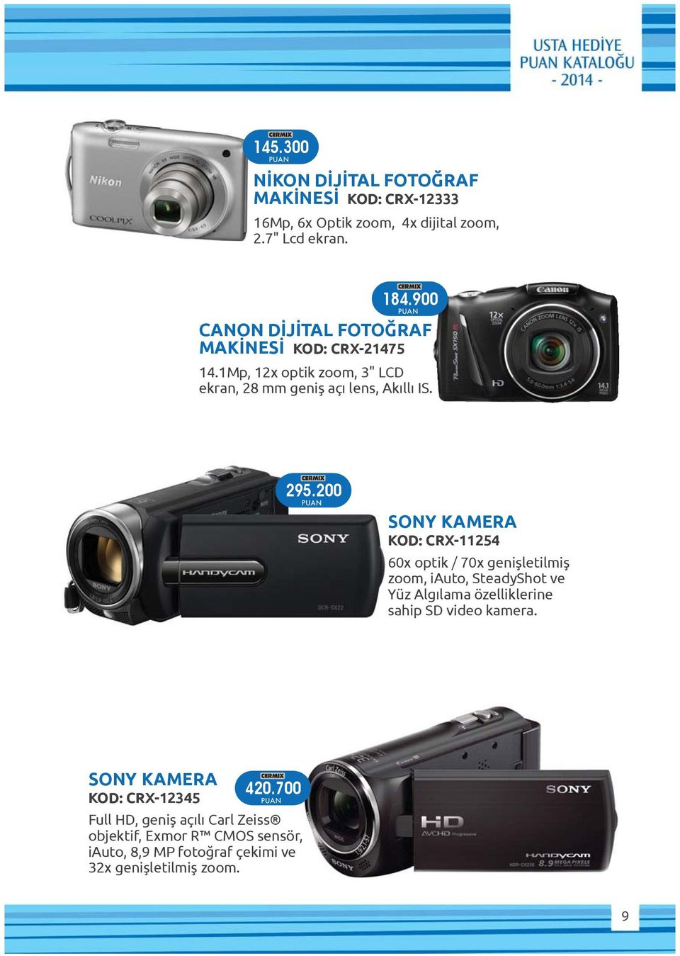 200 SONY KAMERA KOD: CRX-11254 60x optik / 70x genişletilmiş zoom, iauto, SteadyShot ve Yüz Algılama özelliklerine sahip SD video