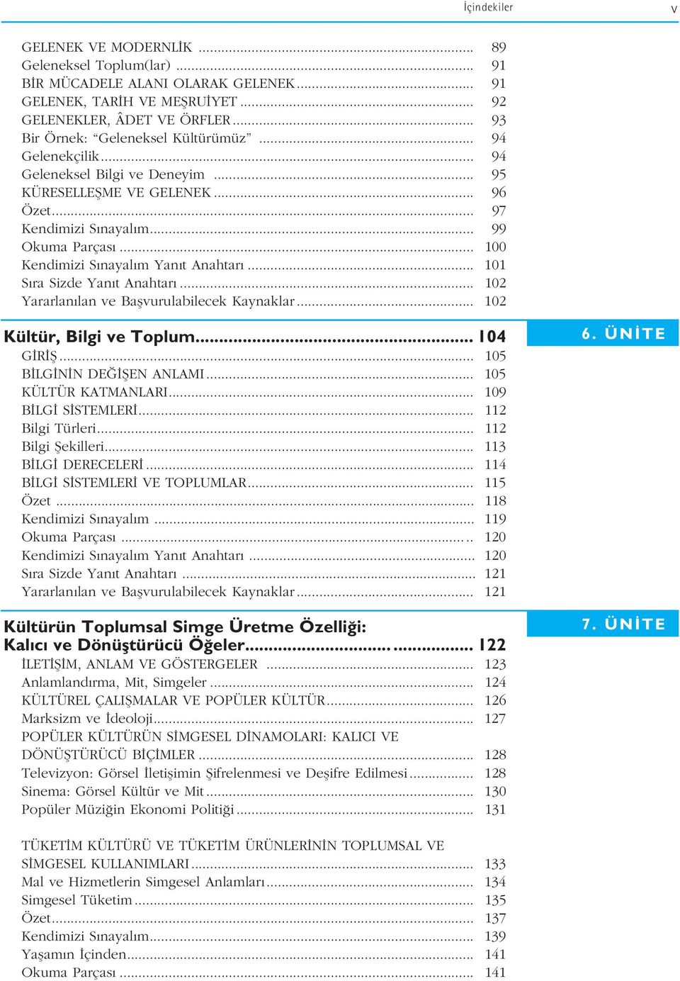 .. 100 Kendimizi S nayal m Yan t Anahtar... 101 S ra Sizde Yan t Anahtar... 102 Yararlan lan ve Baflvurulabilecek Kaynaklar... 102 Kültür, Bilgi ve Toplum... 104 G R fi... 105 B LG N N DE fien ANLAMI.