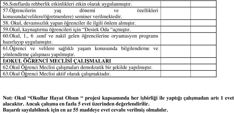 sınıf ve nakil gelen öğrencilerine oryantasyon programı hazırlayıp uygulamıştır. 61.Öğrenci ve velilere sağlıklı yaşam konusunda bilgilendirme ve yönlendirme çalışması yapılmıştır.