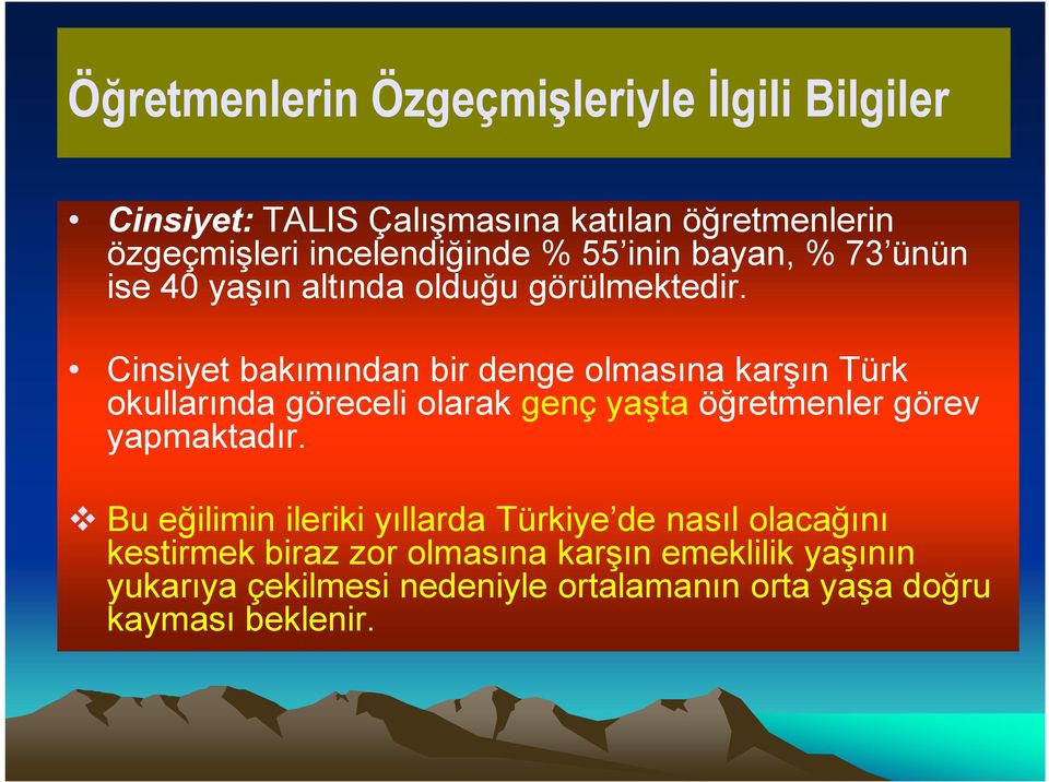 Cinsiyet bakımından bir denge olmasına karşın Türk okullarında göreceli olarak genç yaşta öğretmenler görev yapmaktadır.