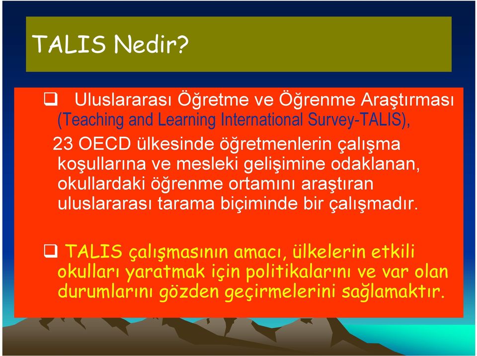 ülkesinde öğretmenlerin çalışma koşullarına ve mesleki gelişimine odaklanan, okullardaki öğrenme