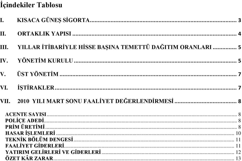 ĠġTĠRAKLER... 7 VII. 2010 YILI MART SONU FAALĠYET DEĞERLENDĠRMESĠ... 8 ACENTE SAYISI... 8 POLĠÇE ADEDĠ.