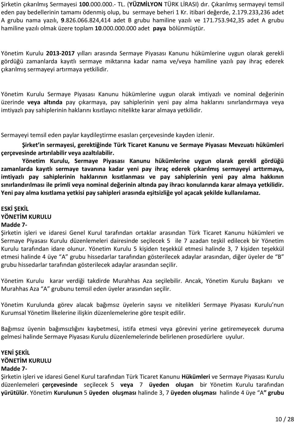 Yönetim Kurulu 2013-2017 yılları arasında Sermaye Piyasası Kanunu hükümlerine uygun olarak gerekli gördüğü zamanlarda kayıtlı sermaye miktarına kadar nama ve/veya hamiline yazılı pay ihraç ederek