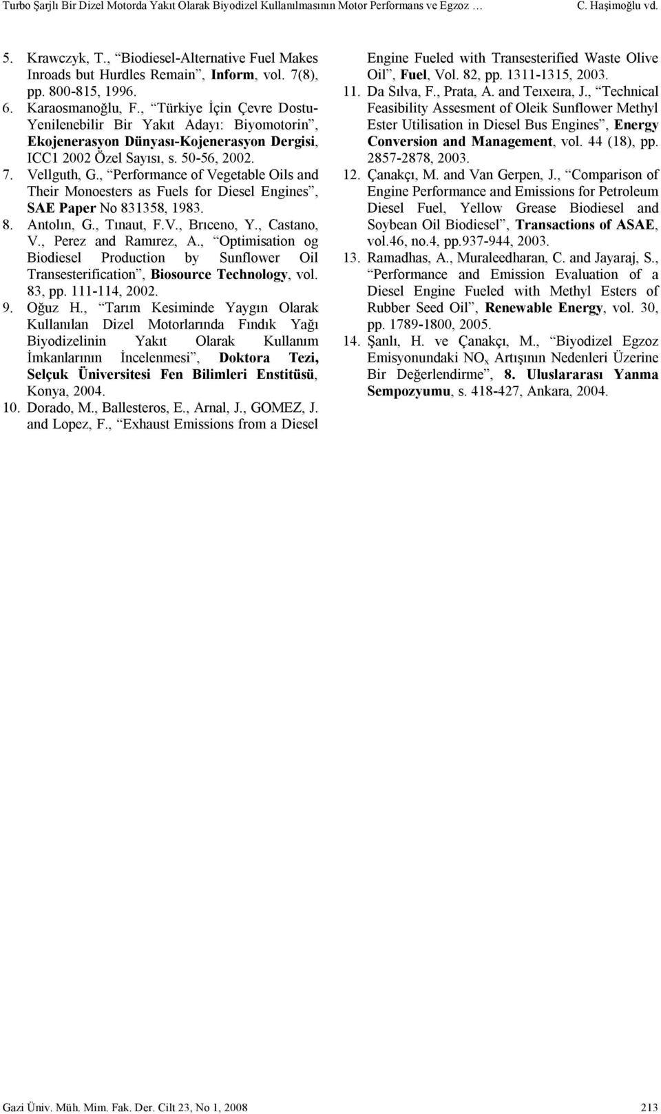 Vellguth, G., Performance of Vegetable Oils and Their Monoesters as Fuels for Diesel Engines, SAE Paper No 831358, 1983. 8. Antolın, G., Tınaut, F.V., Brıceno, Y., Castano, V., Perez and Ramırez, A.