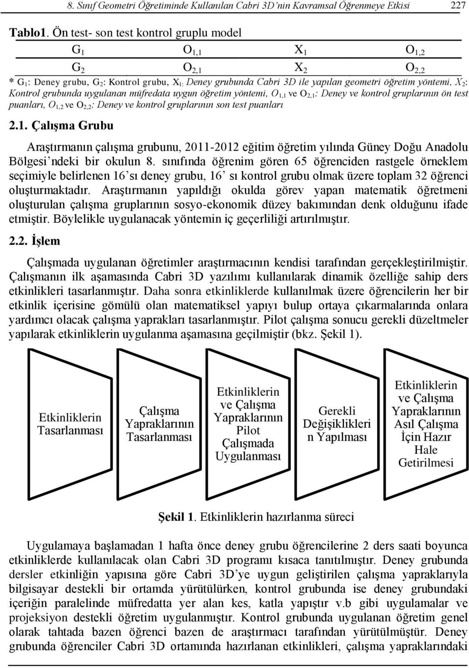 grubunda uygulanan müfredata uygun öğretim yöntemi, O 1,1 ve O 2,1: Deney ve kontrol gruplarının ön test puanları, O 1,2 ve O 2,2: Deney ve kontrol gruplarının son test puanları 2.1. Çalışma Grubu Araştırmanın çalışma grubunu, 2011-2012 eğitim öğretim yılında Güney Doğu Anadolu Bölgesi ndeki bir okulun 8.