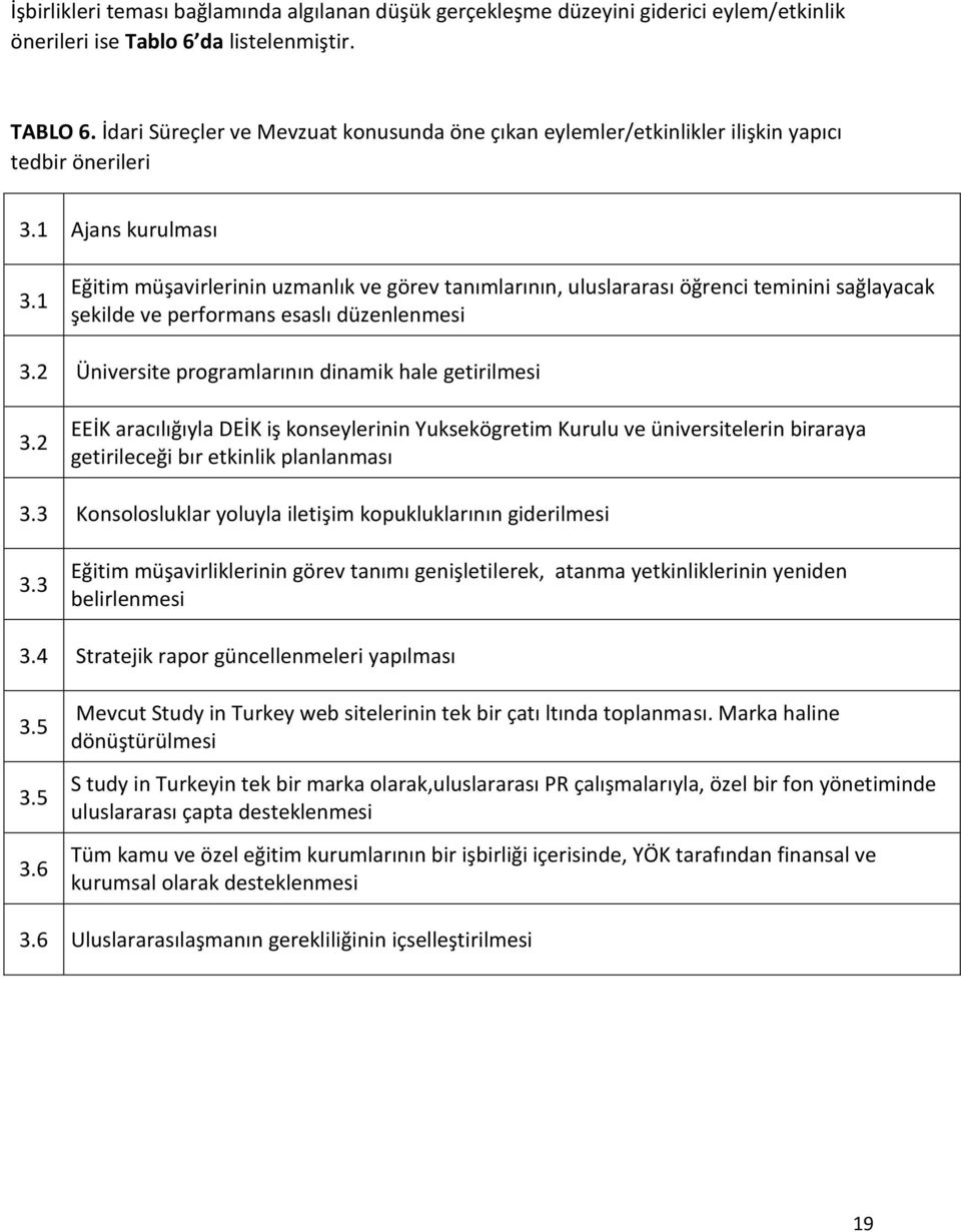 1 Eğitim müşavirlerinin uzmanlık ve görev tanımlarının, uluslararası öğrenci teminini sağlayacak şekilde ve performans esaslı düzenlenmesi 3.2 Üniversite programlarının dinamik hale getirilmesi 3.