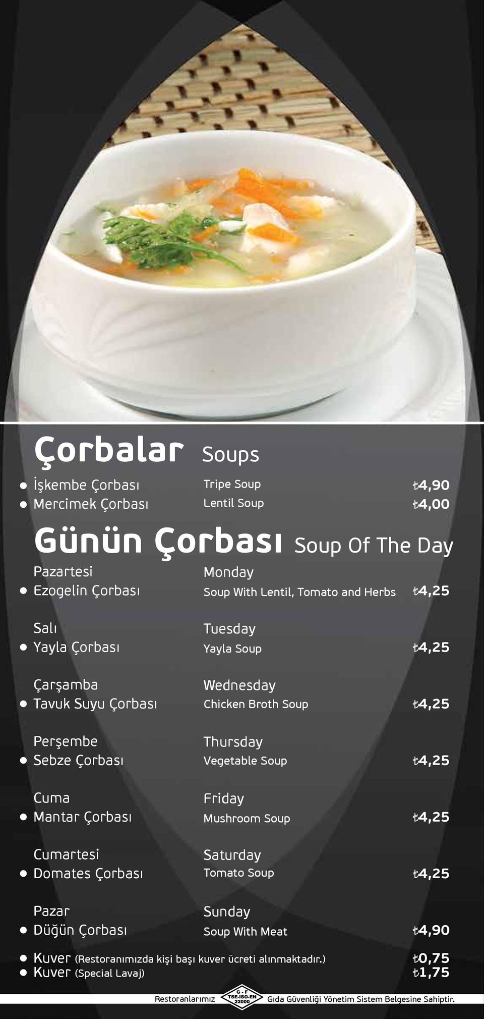 Soup Perşembe Thursday Sebze Çorbası Vegetable Soup Cuma Friday Mantar Çorbası Mushroom Soup Cumartesi Saturday Domates Çorbası