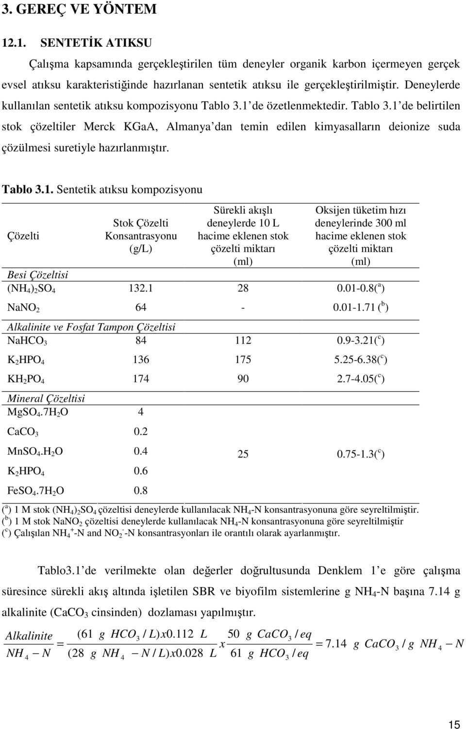 Deneylerde kullanılan sentetik atıksu kompozisyonu Tablo 3.1 de özetlenmektedir. Tablo 3.1 de belirtilen stok çözeltiler Merck KGaA, Almanya dan temin edilen kimyasalların deionize suda çözülmesi suretiyle hazırlanmıştır.