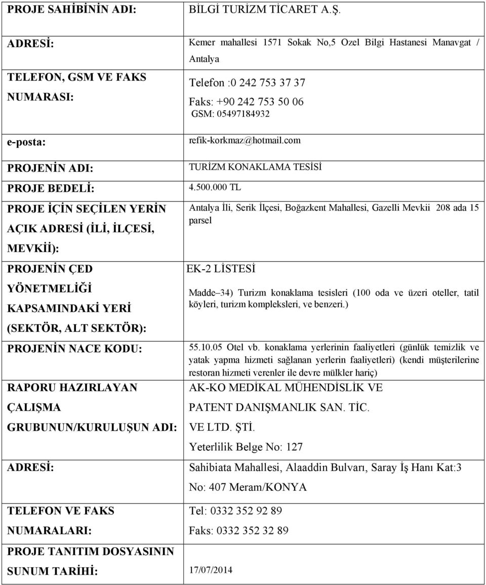 PROJE BEDELİ: PROJE İÇİN SEÇİLEN YERİN AÇIK ADRESİ (İLİ, İLÇESİ, MEVKİİ): PROJENİN ÇED YÖNETMELİĞİ KAPSAMINDAKİ YERİ (SEKTÖR, ALT SEKTÖR): PROJENİN NACE KODU: RAPORU HAZIRLAYAN ÇALIŞMA