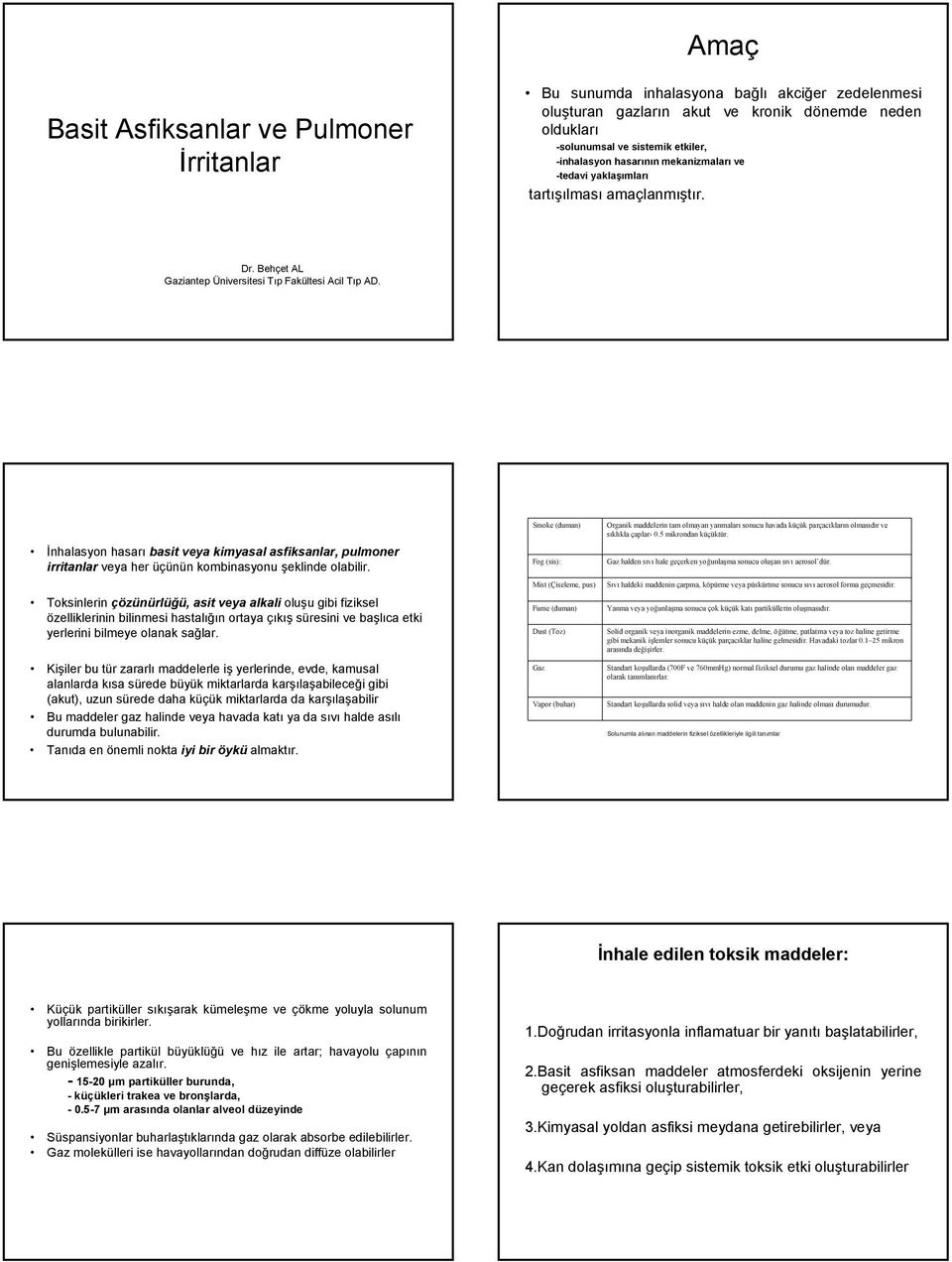 İnhalasyon hasarı basit veya kimyasal asfiksanlar, pulmoner irritanlar veya her üçünün kombinasyonu şeklinde olabilir.