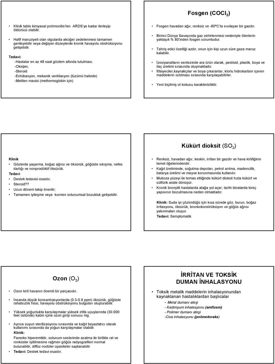 -Oksijen, -Steroid -Entübasyon, mekanik ventilasyon (lüzümü halinde) -Metilen mavisi (methemoglobin için) Fosgen havadan ağır, renksiz ve -80ºC ta sıvılaşan bir gazdır.