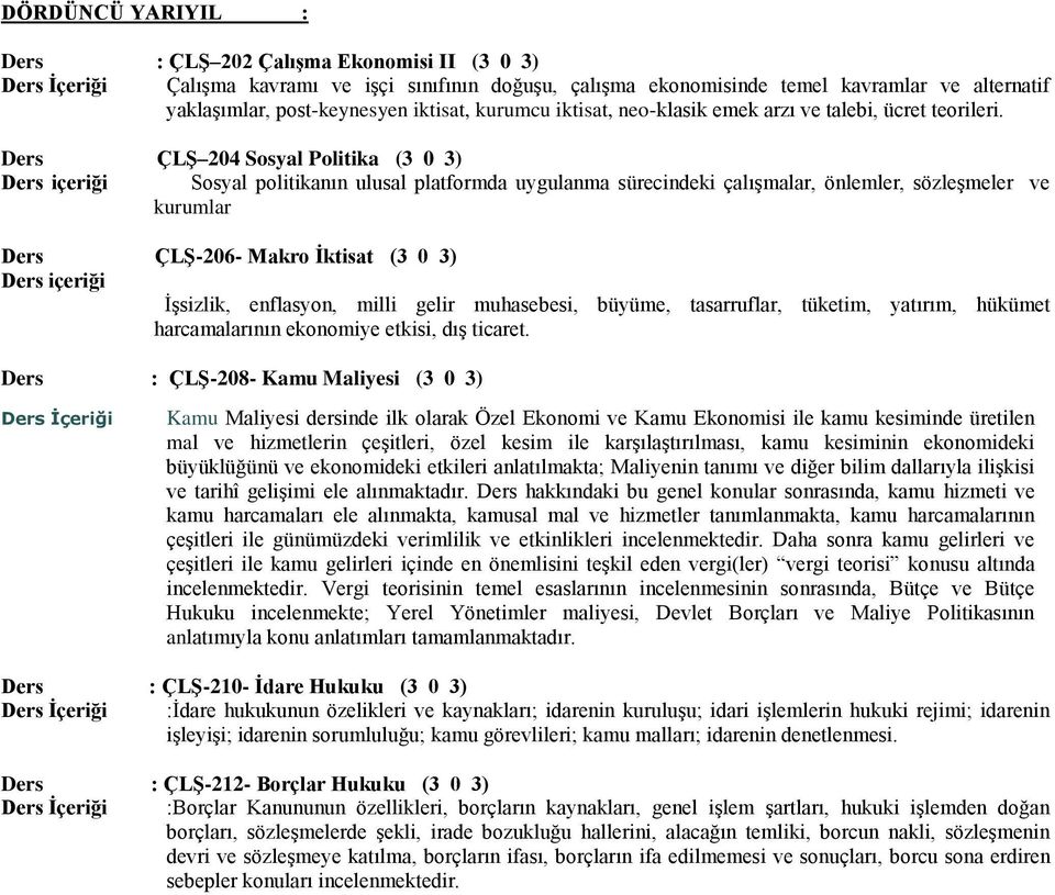 Ders ÇLŞ 204 Sosyal Politika (3 0 3) Ders içeriği Sosyal politikanın ulusal platformda uygulanma sürecindeki çalışmalar, önlemler, sözleşmeler ve kurumlar Ders ÇLŞ-206- Makro İktisat (3 0 3) Ders