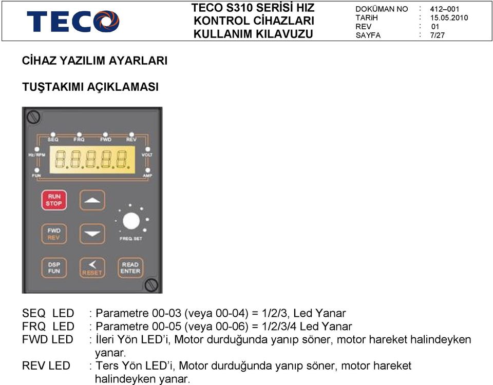 Led Yanar İleri Yön LED i, Motor durduğunda yanıp söner, motor hareket