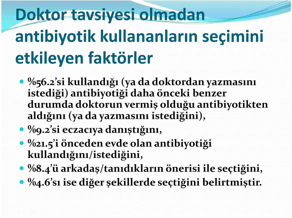 olduğu antibiyotikten aldığını (ya da yazmasını istediğini), %9.2 si eczacıya danıştığını, %21.