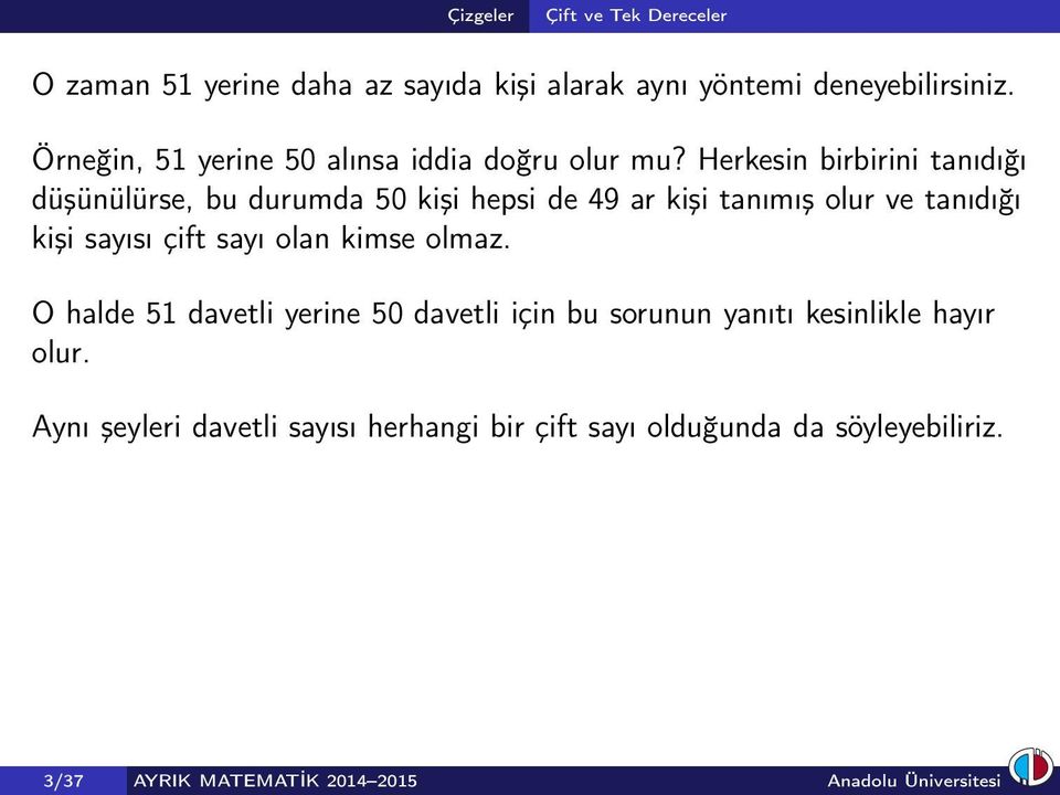 Herkesin birbirini tanıdığı düşünülürse, bu durumda 50 kişi hepsi de 49 ar kişi tanımış olur ve tanıdığı kişi sayısı çift sayı