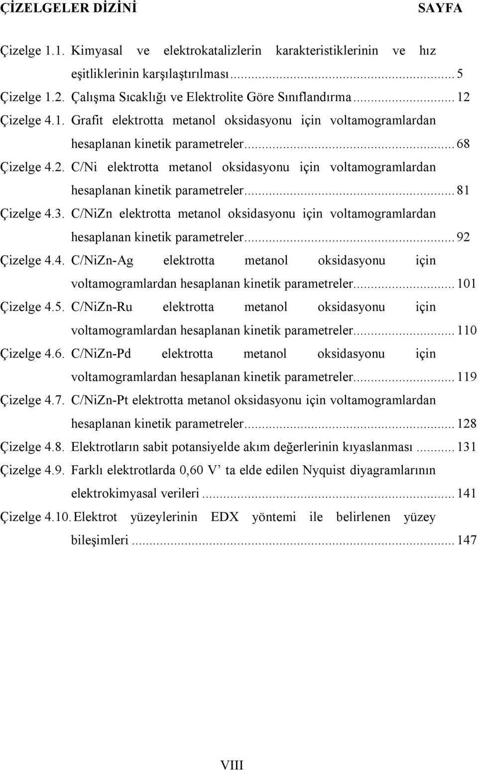 .. 81 Çizelge 4.3. C/NiZn elektrotta metanol oksidasyonu için voltamogramlardan hesaplanan kinetik parametreler... 92 Çizelge 4.4. C/NiZn-Ag elektrotta metanol oksidasyonu için voltamogramlardan hesaplanan kinetik parametreler.