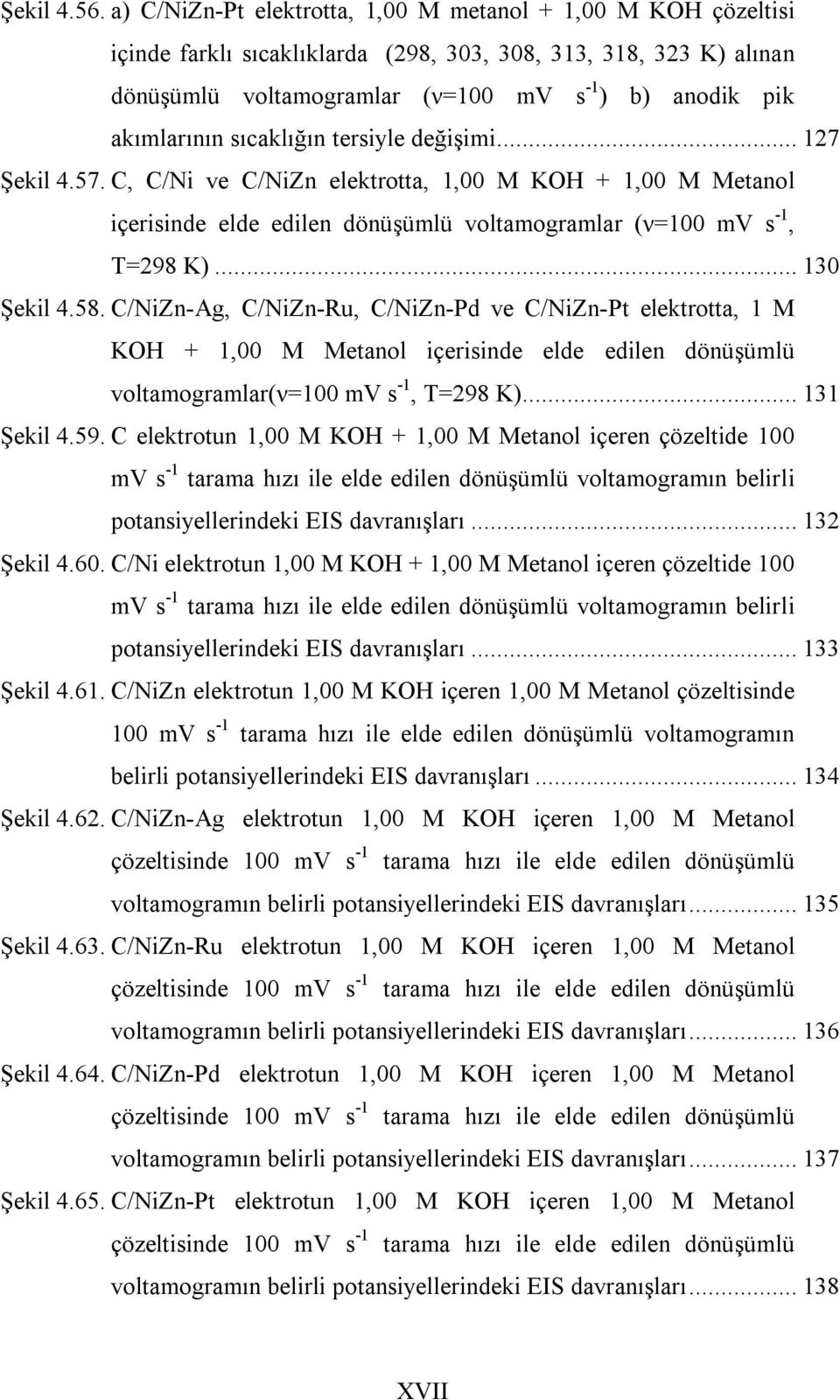 sıcaklığın tersiyle değişimi... 127 Şekil 4.57. C, C/Ni ve C/NiZn elektrotta, 1,00 M KOH + 1,00 M Metanol içerisinde elde edilen dönüşümlü voltamogramlar (ν=100 mv s -1, T=298 K)... 130 Şekil 4.58.