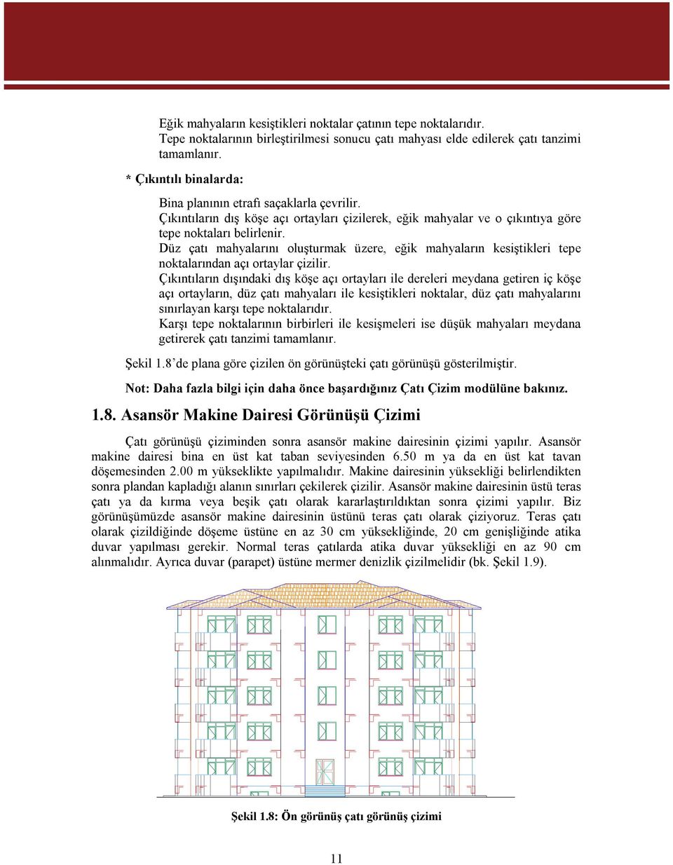 Düz çatı mahyalarını oluşturmak üzere, eğik mahyaların kesiştikleri tepe noktalarından açı ortaylar çizilir.