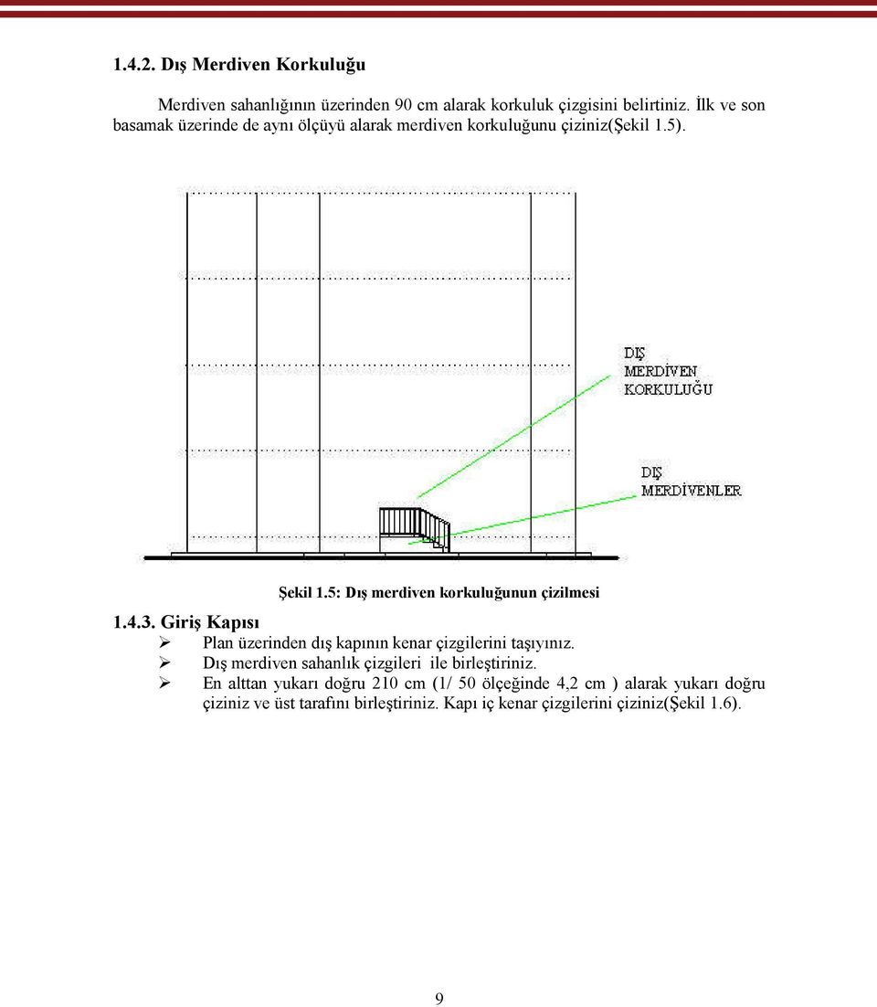 5: Dış merdiven korkuluğunun çizilmesi 1.4.3. Giriş Kapısı Plan üzerinden dış kapının kenar çizgilerini taşıyınız.