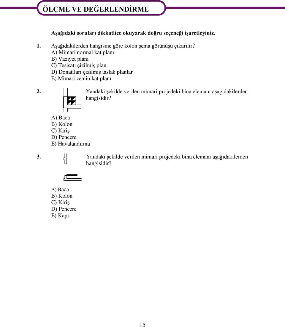 A) Mimari normal kat planı B) Vaziyet planı C) Tesisatı çizilmiş plan D) Donatıları çizilmiş taslak planlar E) Mimari zemin kat planı 2.
