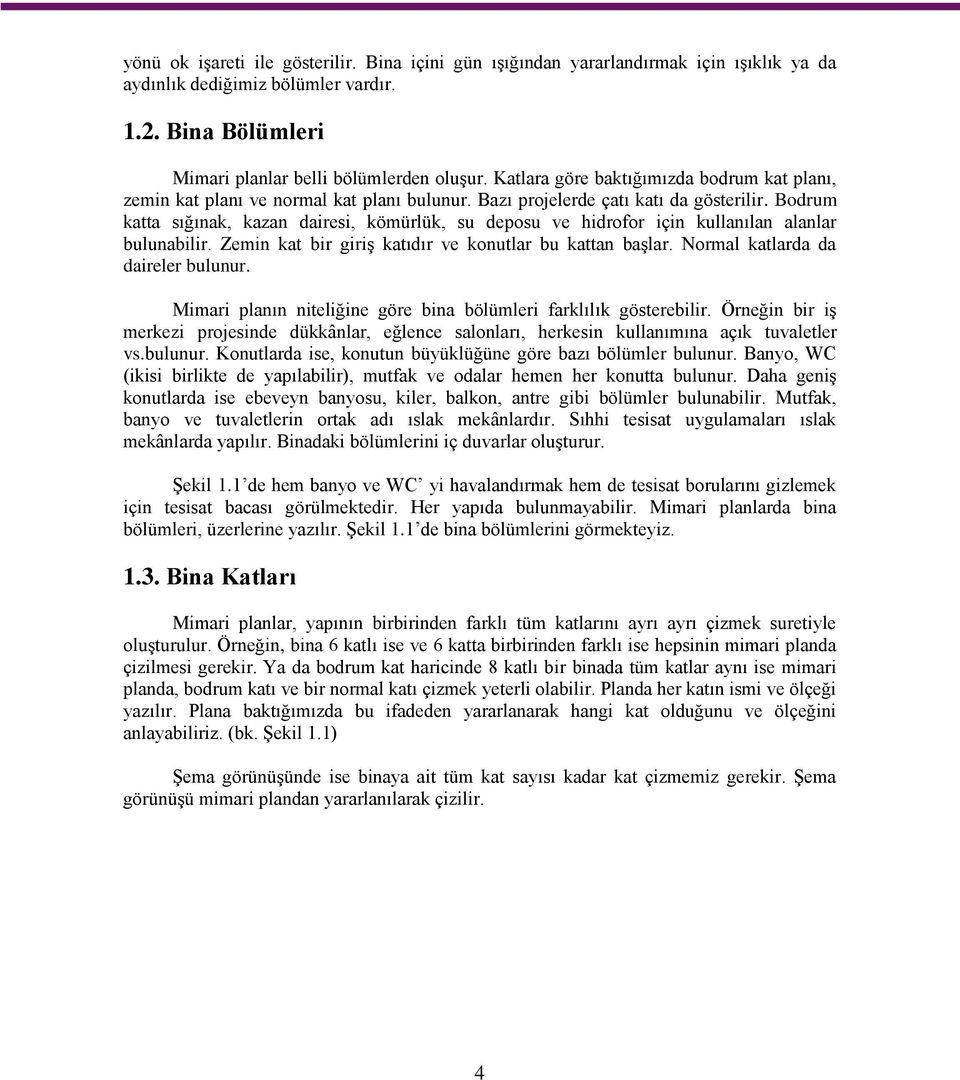 Bodrum katta sığınak, kazan dairesi, kömürlük, su deposu ve hidrofor için kullanılan alanlar bulunabilir. Zemin kat bir giriş katıdır ve konutlar bu kattan başlar. Normal katlarda da daireler bulunur.