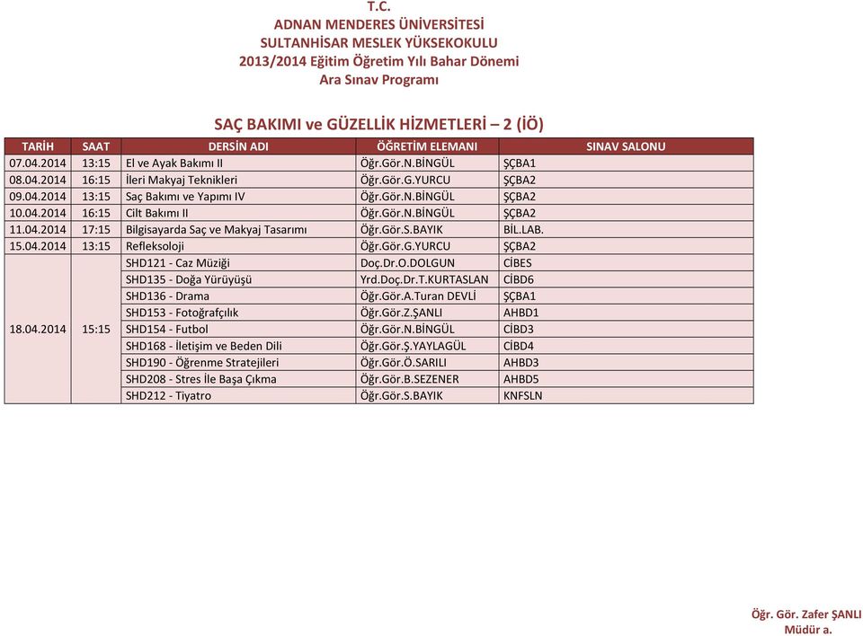 Gör.N.BİNGÜL ŞÇBA2 11.04.2014 17:15 Bilgisayarda Saç ve Makyaj Tasarımı Öğr.Gör.S.BAYIK BİL.LAB. 15.04.2014 13:15 Refleksoloji Öğr.