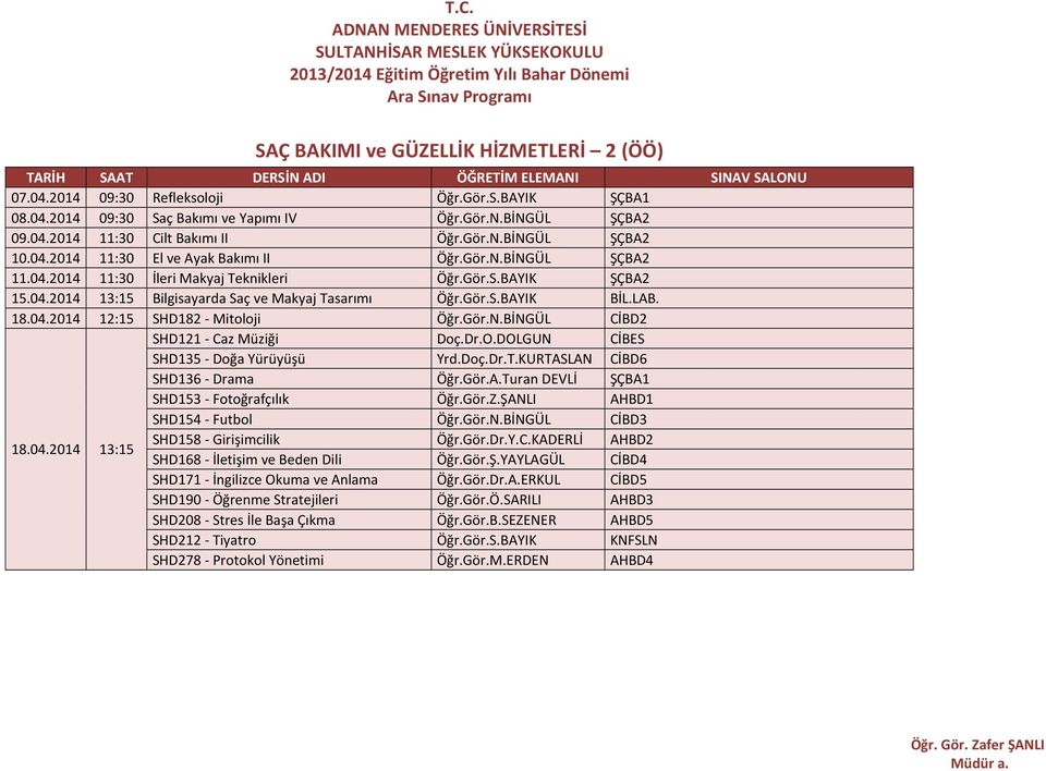 Gör.N.BİNGÜL ŞÇBA2 11.04.2014 11:30 İleri Makyaj Teknikleri Öğr.Gör.S.BAYIK ŞÇBA2 15.04.2014 13:15 Bilgisayarda Saç ve Makyaj Tasarımı Öğr.