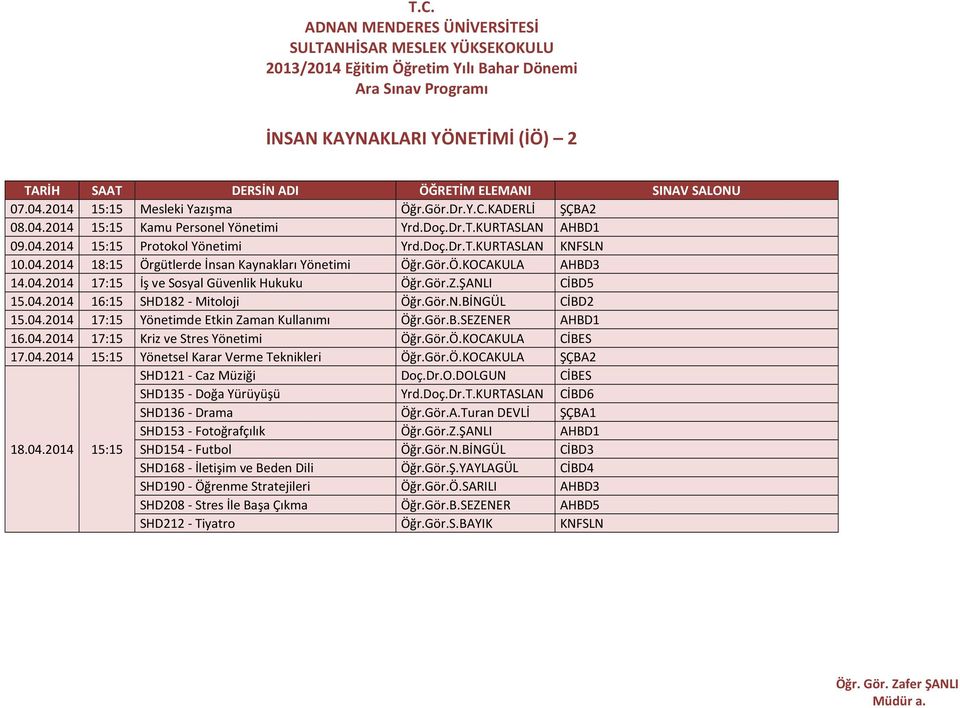 Gör.Z.ŞANLI CİBD5 15.04.2014 16:15 SHD182 - Mitoloji Öğr.Gör.N.BİNGÜL CİBD2 15.04.2014 17:15 Yönetimde Etkin Zaman Kullanımı Öğr.Gör.B.SEZENER AHBD1 16.04.2014 17:15 Kriz ve Stres Yönetimi Öğr.