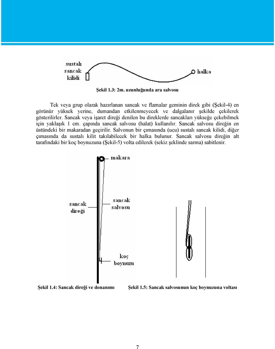 gösterilirler. Sancak veya işaret direği denilen bu direklerde sancakları yükseğe çekebilmek için yaklaşık 1 cm. çapında sancak salvosu (halat) kullanılır.