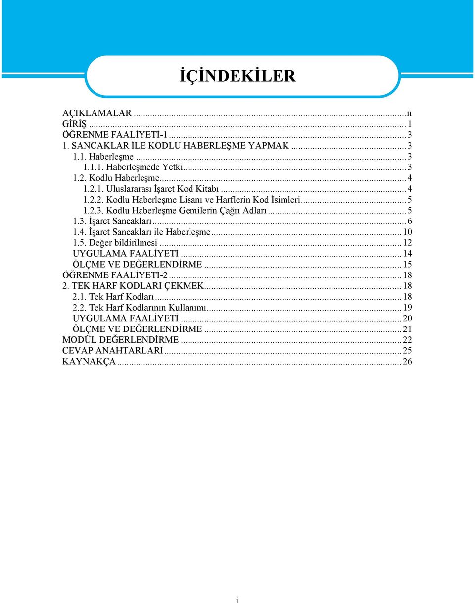 ..6 1.4. İşaret Sancakları ile Haberleşme...10 1.5. Değer bildirilmesi...12 UYGULAMA FAALİYETİ...14 ÖLÇME VE DEĞERLENDİRME...15 ÖĞRENME FAALİYETİ-2...18 2. TEK HARF KODLARI ÇEKMEK.