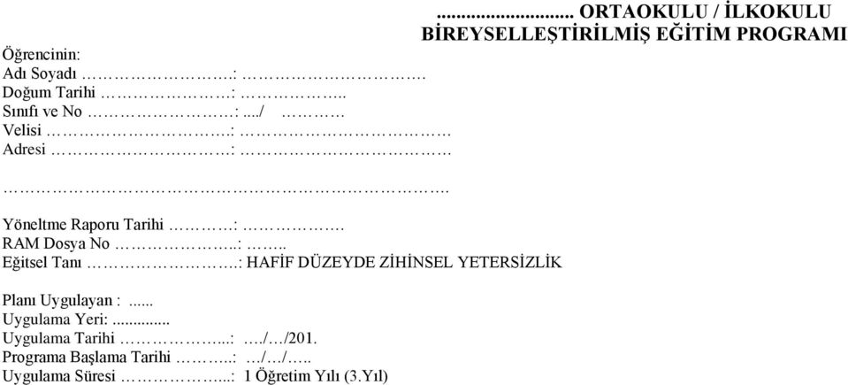 : HAFİF DÜZEYDE ZİHİNSEL YETERSİZLİK Planı Uygulayan :... Uygulama Yeri:... Uygulama Tarihi...:./ /201.