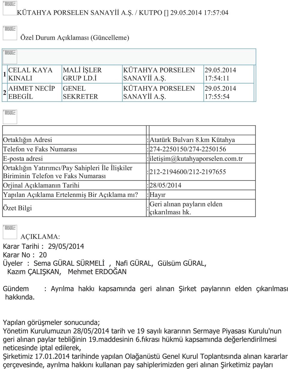 tr Ortaklığın Yatırımcı/Pay Sahipleri İle İlişkiler Biriminin Telefon ve Faks Numarası : 212-2194600/212-2197655 Orjinal Açıklamanın Tarihi : 28/05/2014 Yapılan Açıklama Ertelenmiş Bir Açıklama mı?