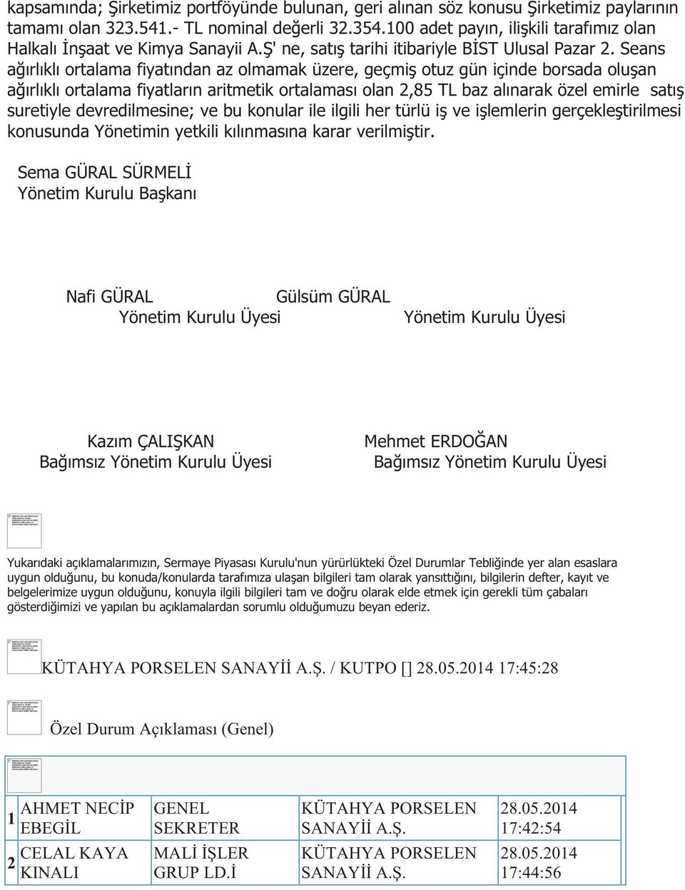 Seans ağırlıklı ortalama fiyatından az olmamak üzere, geçmiş otuz gün içinde borsada oluşan ağırlıklı ortalama fiyatların aritmetik ortalaması olan 2,85 TL baz alınarak özel emirle satış suretiyle