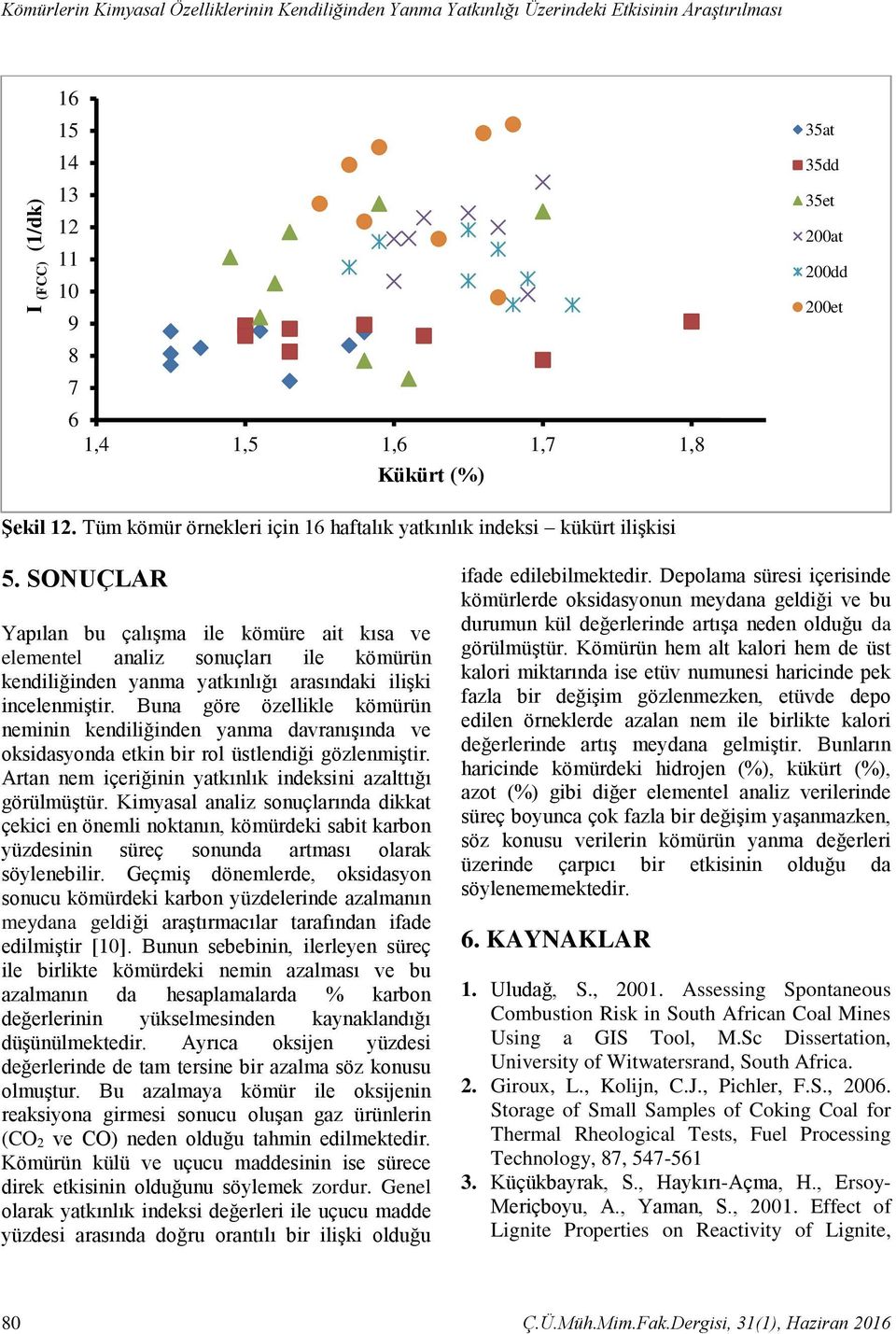 SONUÇLAR Yapılan bu çalışma ile kömüre ait kısa ve elementel analiz sonuçları ile kömürün kendiliğinden yanma yatkınlığı arasındaki ilişki incelenmiştir.