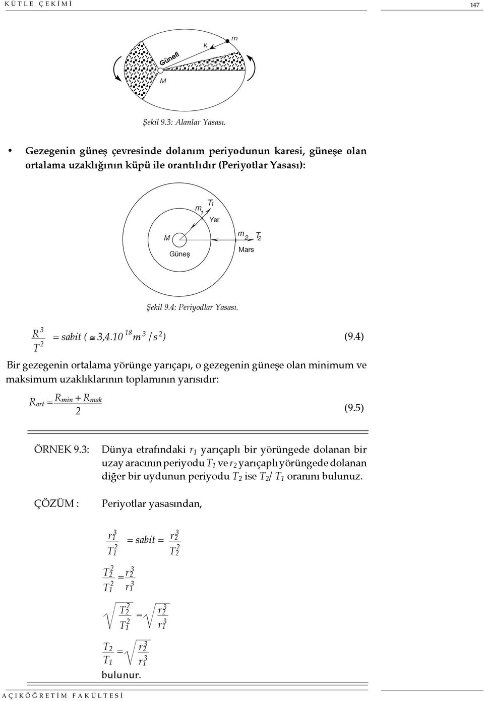 R 3 = sabit ( 3,4.10 18 m 3 /s 2 ) (9.4) T 2 Bir gezegenin ortalama yörünge yarıçapı, o gezegenin güneşe olan minimum ve maksimum uzaklıklarının toplamının yarısıdır: R ort = R min + R mak 2 (9.