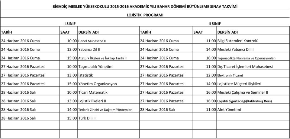 27 Haziran 2016 Pazartesi 11:00 Dış Ticaret İşlemleri Muhasebesi 27 Haziran 2016 Pazartesi 13:00 İstatistik 27 Haziran 2016 Pazartesi 12:00 Elektronik Ticaret 27 Haziran 2016 Pazartesi 15:00 Yönetim