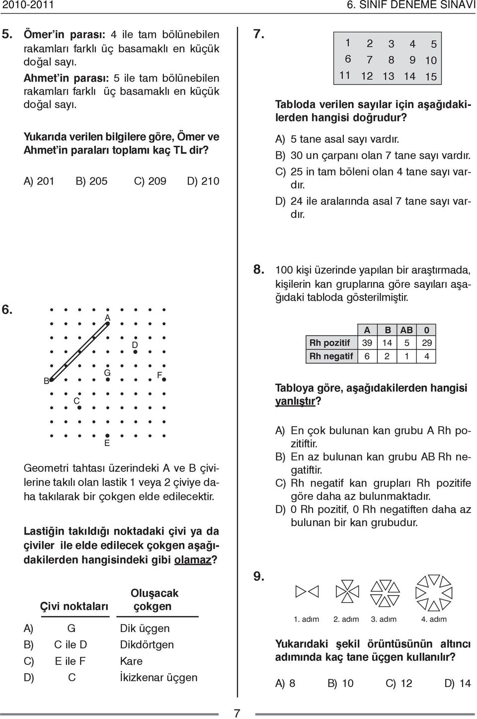 1 6 11 2 7 12 3 8 13 4 9 14 5 10 15 Tabloda verilen sayýlar için aþaðýdakilerden hangisi doðrudur? A) 5 tane asal sayý vardýr. B) 30 un çarpaný olan 7 tane sayý vardýr.