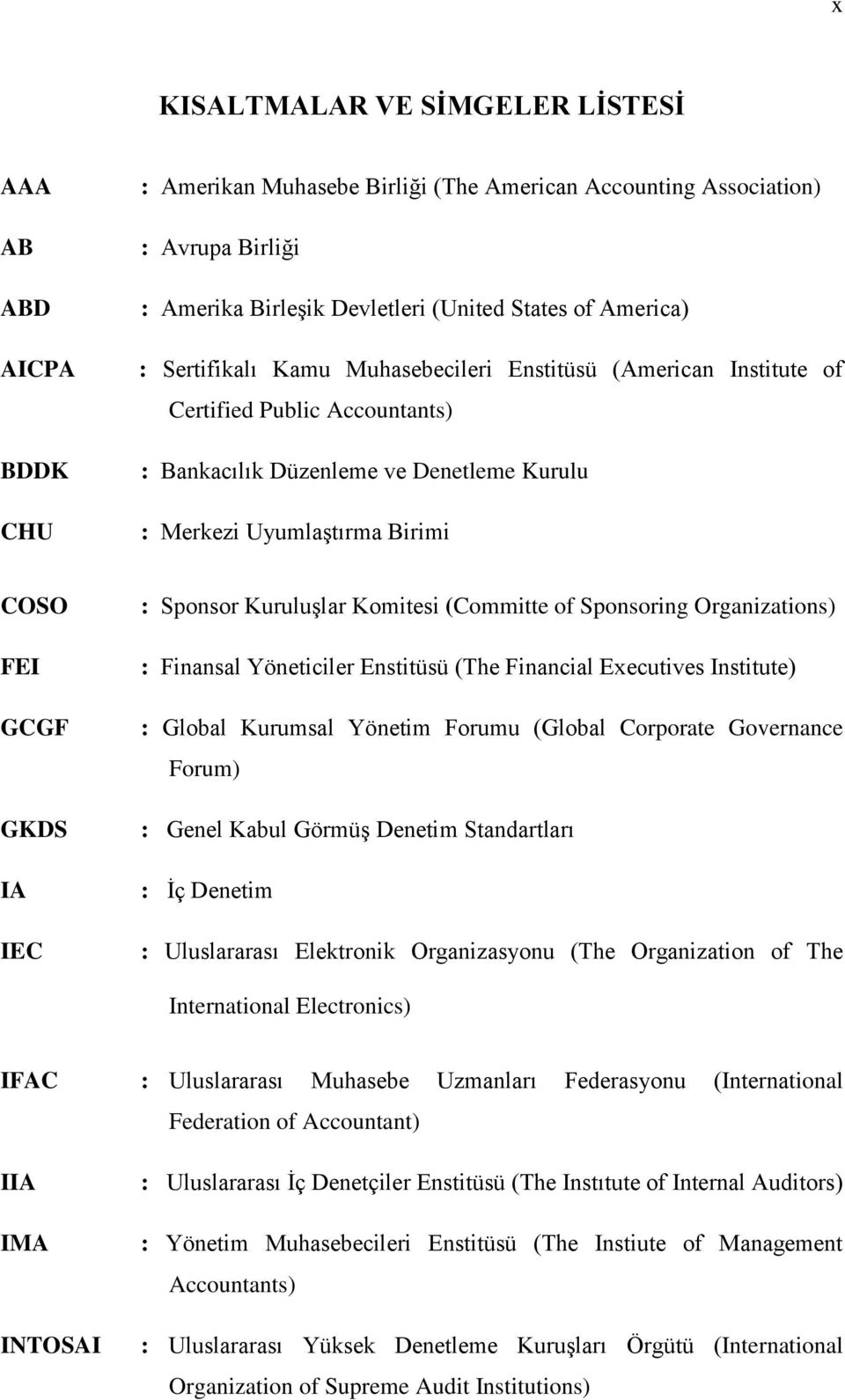 Sponsor Kuruluşlar Komitesi (Committe of Sponsoring Organizations) : Finansal Yöneticiler Enstitüsü (The Financial Executives Institute) : Global Kurumsal Yönetim Forumu (Global Corporate Governance