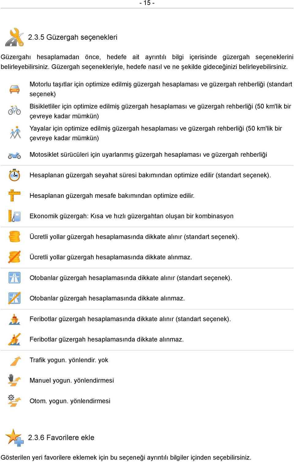 Motorlu taşıtlar için optimize edilmiş güzergah hesaplaması ve güzergah rehberliği (standart seçenek) Bisikletliler için optimize edilmiş güzergah hesaplaması ve güzergah rehberliği (50 km'lik bir