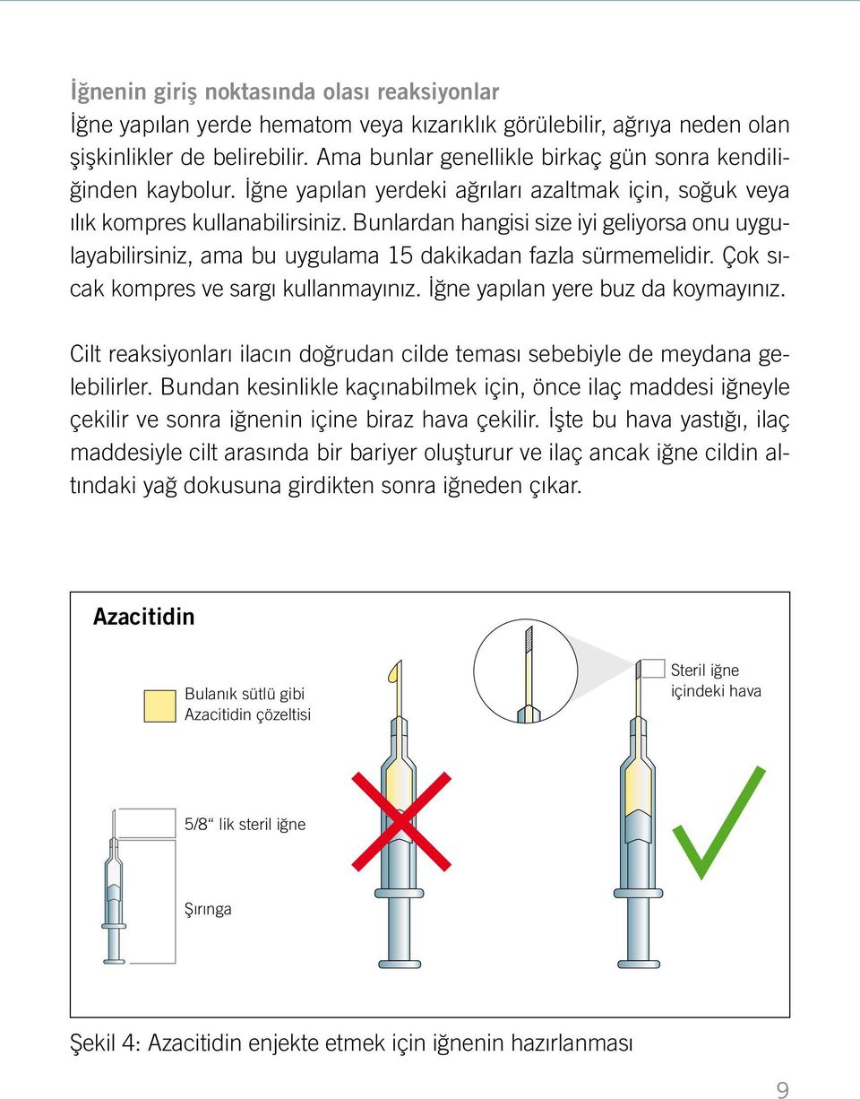 Bunlardan hangisi size iyi geliyorsa onu uygulayabilirsiniz, ama bu uygulama 15 dakikadan fazla sürmemelidir. Çok sıcak kompres ve sargı kullanmayınız. İğne yapılan yere buz da koymayınız.