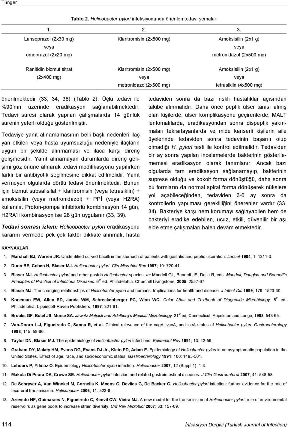 metronidazol(2x500 mg) Amoksisilin (2x1 g) veya tetrasiklin (4x500 mg) önerilmektedir (33, 34, 38) (Tablo 2). Üçlü tedavi ile %90 nın üzerinde eradikasyon sağlanabilmektedir.