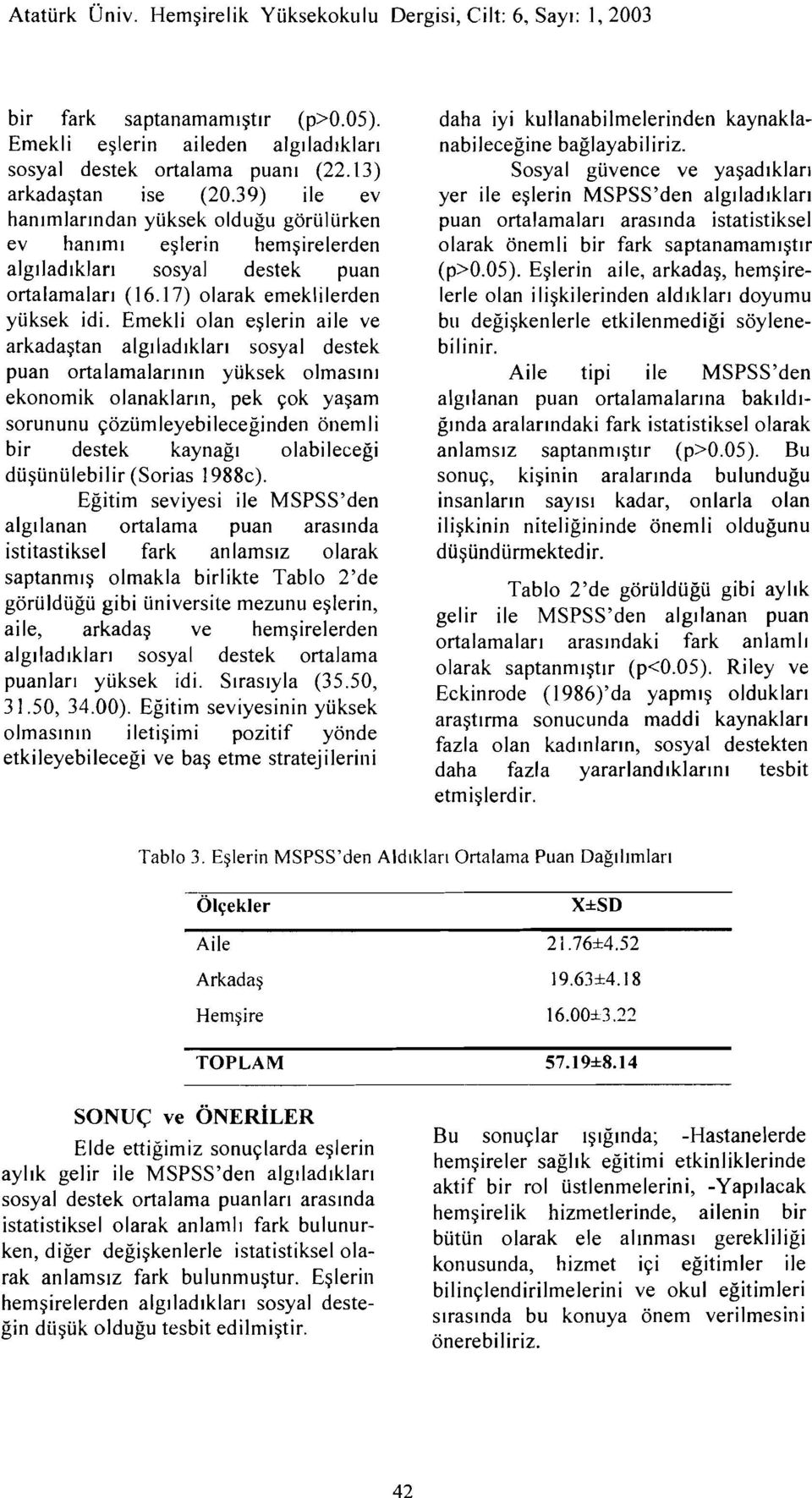 Emekli olan eşlerin aile ve arkadaştan algıladıkları sosyal destek puan ortalamalarının yüksek olmasını ekonomik olanakların, pek çok yaşam sorununu çözümleyebileceğindenönemli bir destek kaynağı