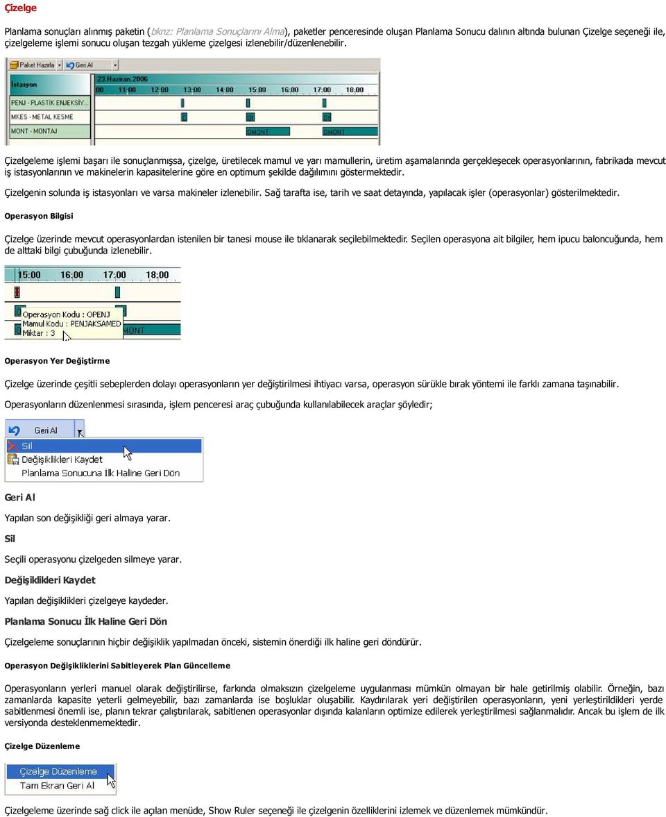 Çizelgeleme işlemi başarı ile sonuçlanmışsa, çizelge, üretilecek mamul ve yarı mamullerin, üretim aşamalarında gerçekleşecek operasyonlarının, fabrikada mevcut iş istasyonlarının ve makinelerin